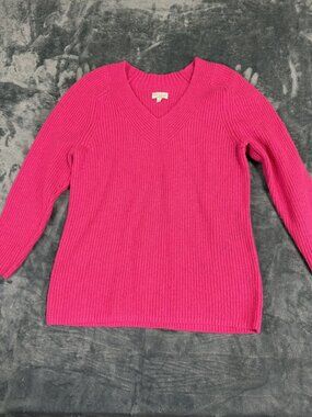 Lucky Brand Womens Pink Ribbed Knit V-Neck Sweater L